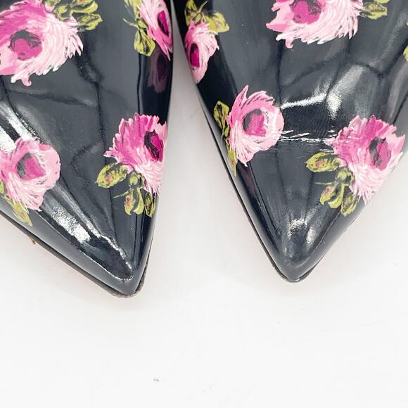 Prada Black Pink Patent Leather Rose Floral Print Pointed Toe Pump Heel IT 37 - Picture 6 of 12